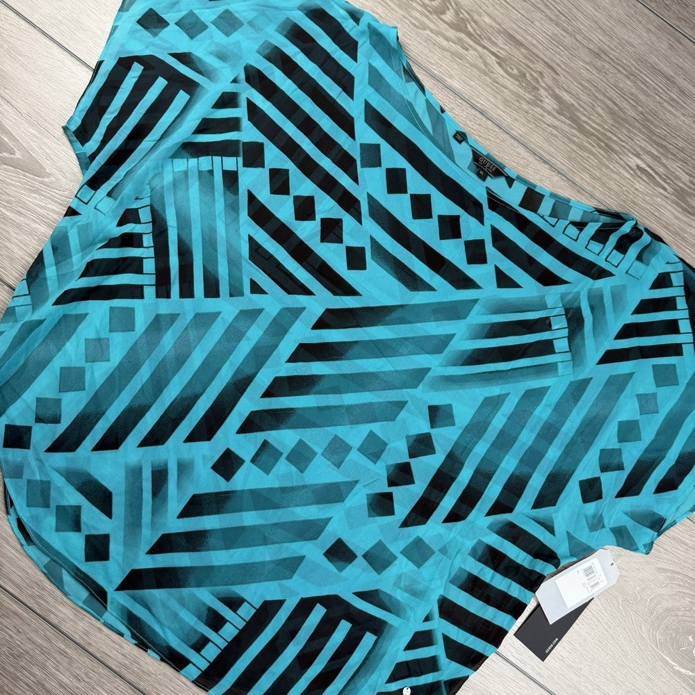 Guess Women's Geometric Pattern Blouse Top Teal Blue Black Size XL New